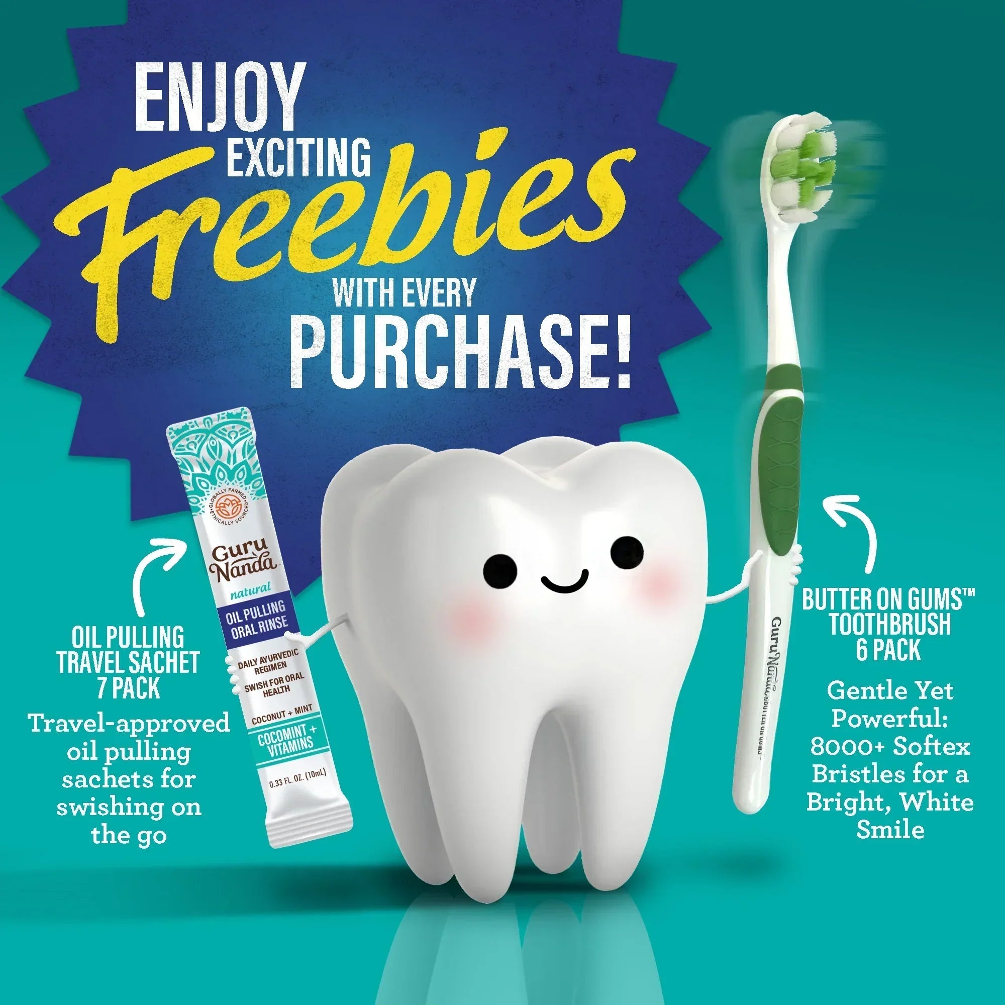 Total Smile Makeover Regular Kit - 8oz Cocomint Pulling Oil + Dual Barrel Mouthwash + Whitening Strips + 6 Pack Butter on Gums Toothbrush + 7 Oil Pulling Travel Sachets (NIFT Offer)