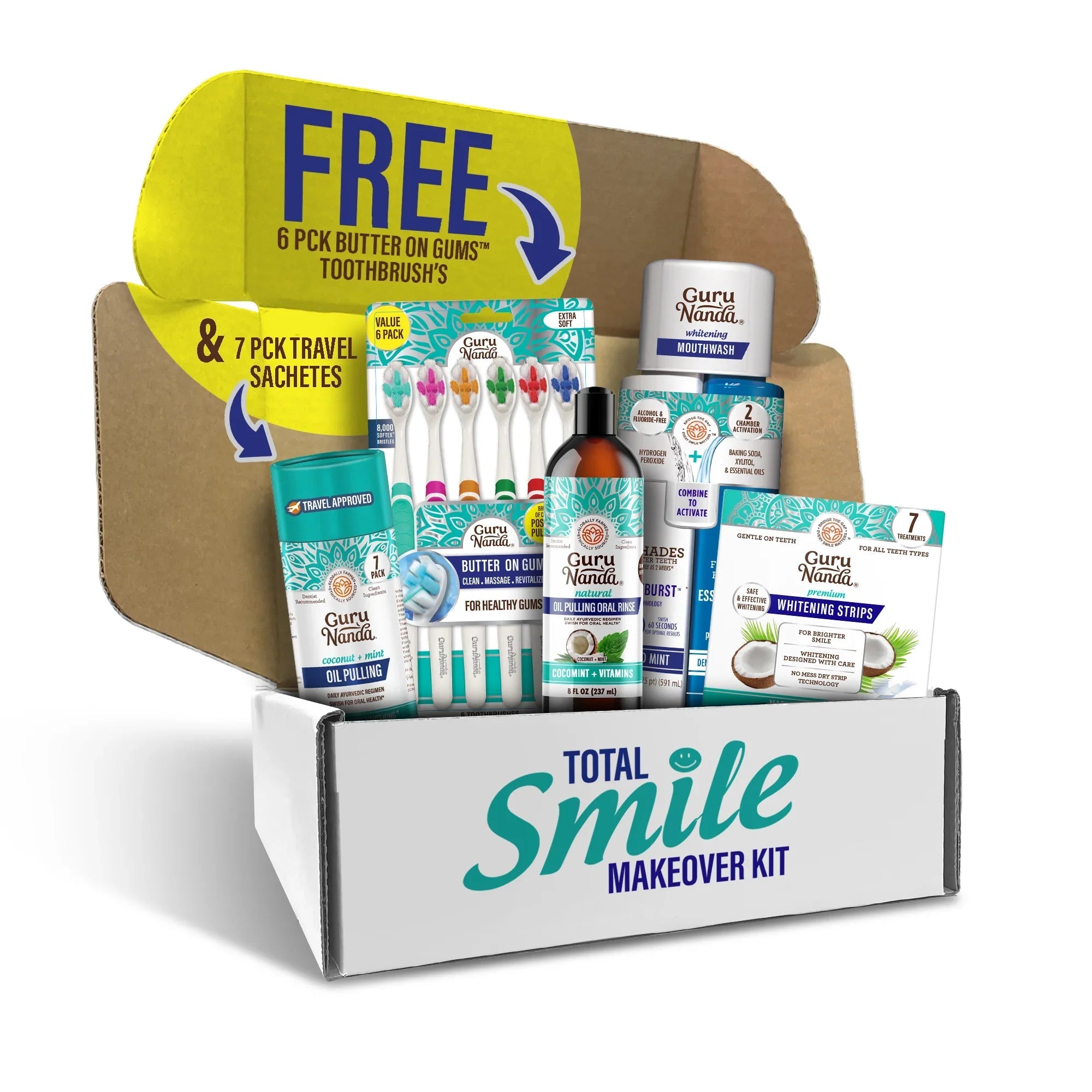 Total Smile Makeover Regular Kit - 8oz Cocomint Pulling Oil + Dual Barrel Mouthwash + Whitening Strips + 6 Pack Butter on Gums Toothbrush + 7 Oil Pulling Travel Sachets (NIFT Offer)