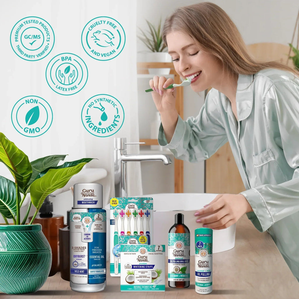 Total Smile Makeover Regular Kit - 8oz Cocomint Pulling Oil + Dual Barrel Mouthwash + Whitening Strips + 6 Pack Butter on Gums Toothbrush + 7 Oil Pulling Travel Sachets (NIFT Offer)