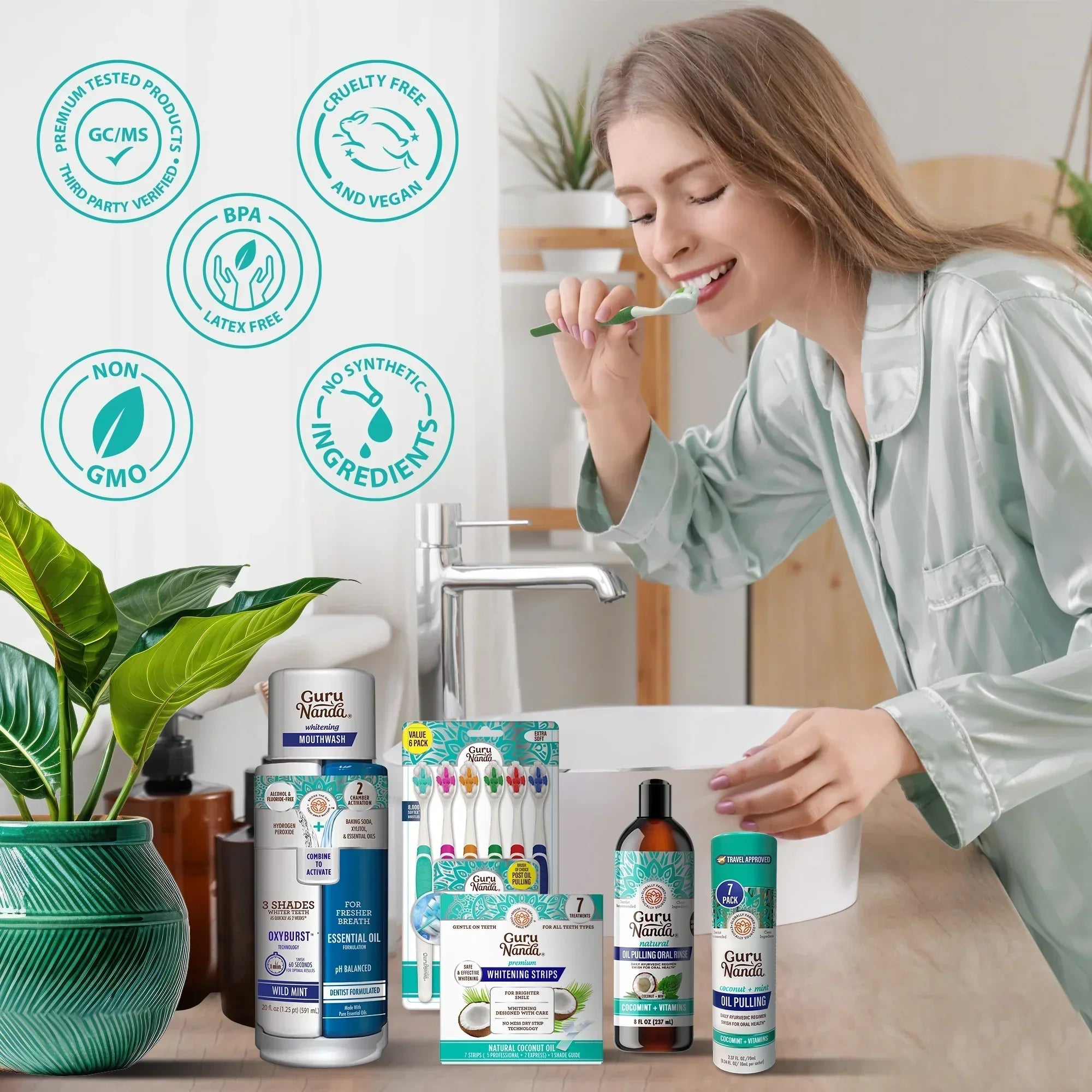 Total Smile Makeover Regular Kit - 8oz Cocomint Pulling Oil + Dual Barrel Mouthwash + Whitening Strips + 6 Pack Butter on Gums Toothbrush + 7 Oil Pulling Travel Sachets (NIFT Offer)