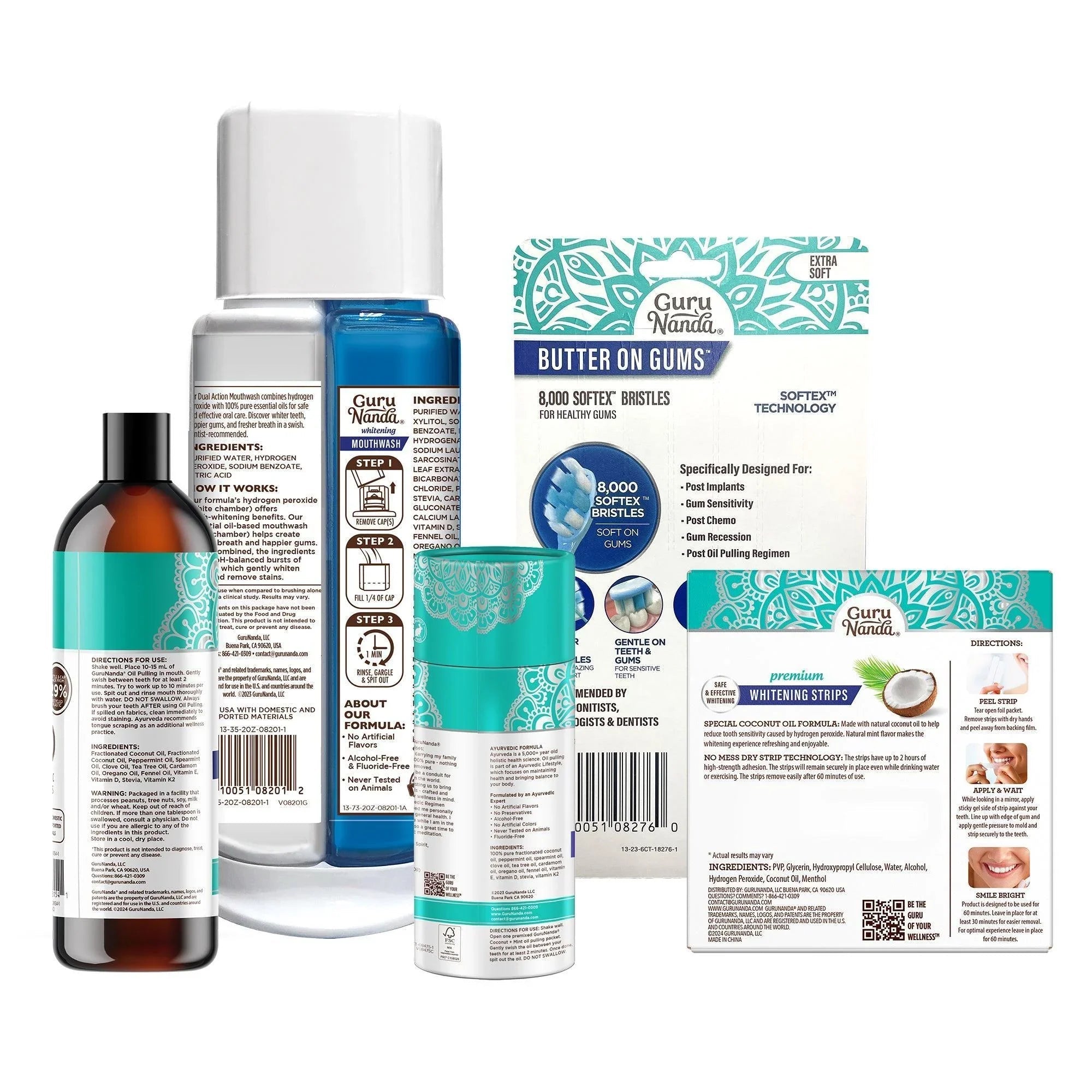 Total Smile Makeover Regular Kit - 8oz Cocomint Pulling Oil + Dual Barrel Mouthwash + Whitening Strips + 6 Pack Butter on Gums Toothbrush + 7 Oil Pulling Travel Sachets (NIFT Offer)