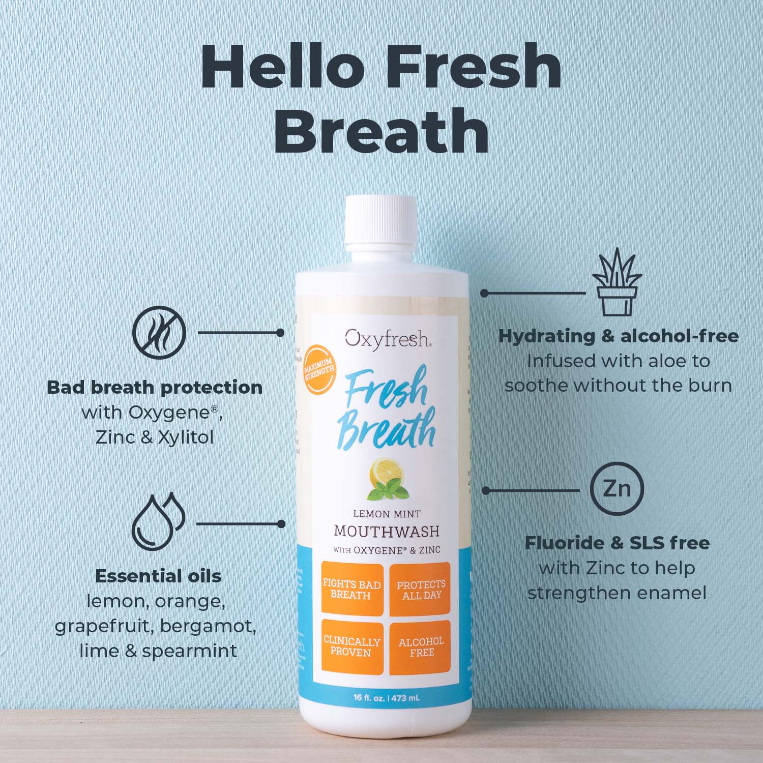 Fresh Breath Lemon Mint Mouthwash | 24 Hr Protection | Fluoride Free